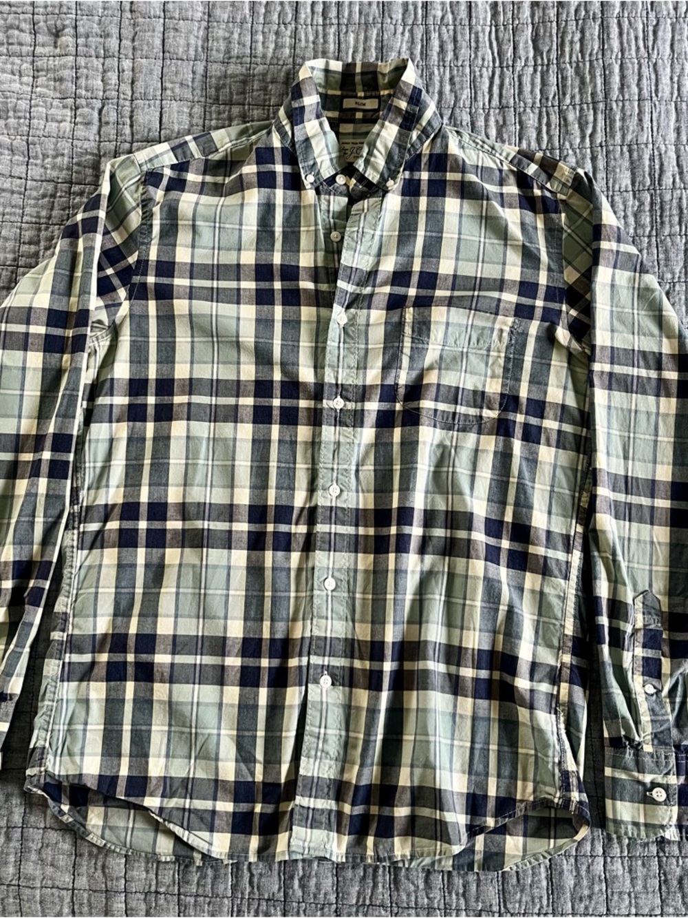 J. Crew Men's Button-Down Plaid Shirt - Navy & Light Green - Medium - slim fit